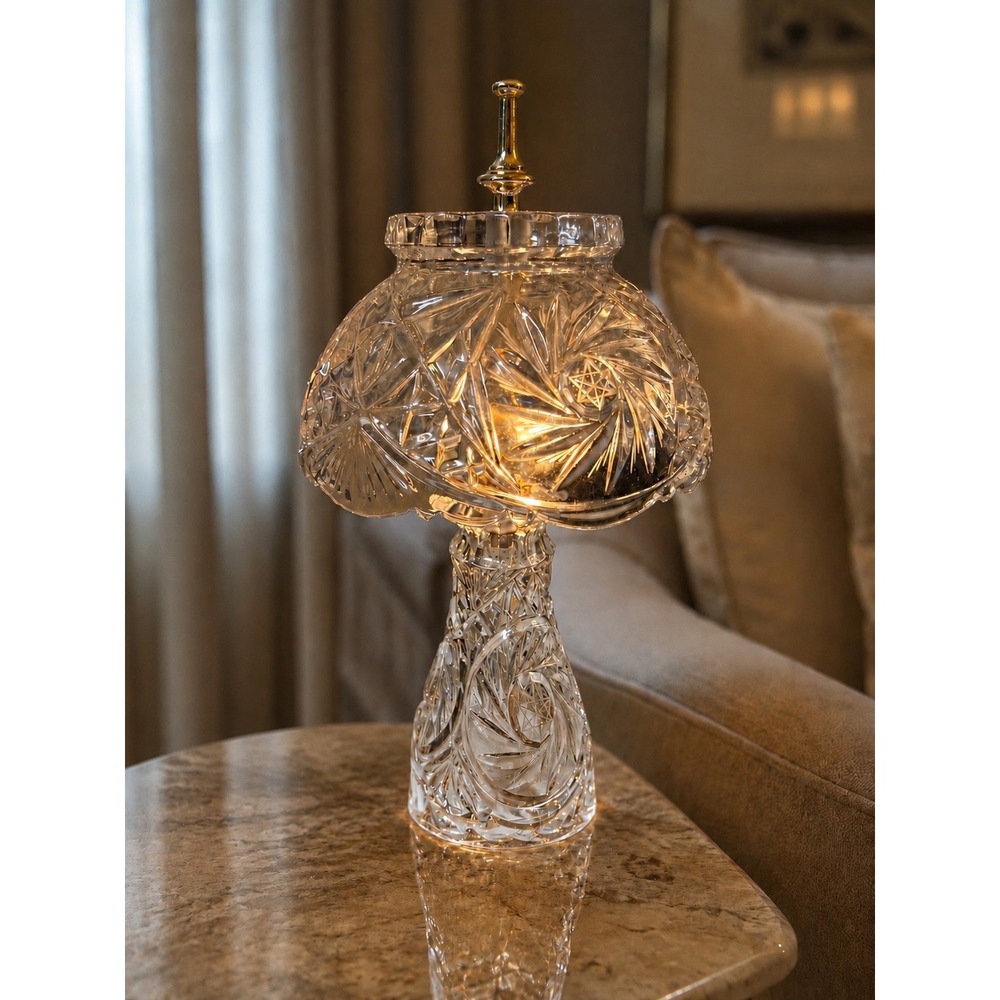 Vintage Pinwheel Cut Lead Crystal Boudoir Lamp 14" Mid Century Accent Light
